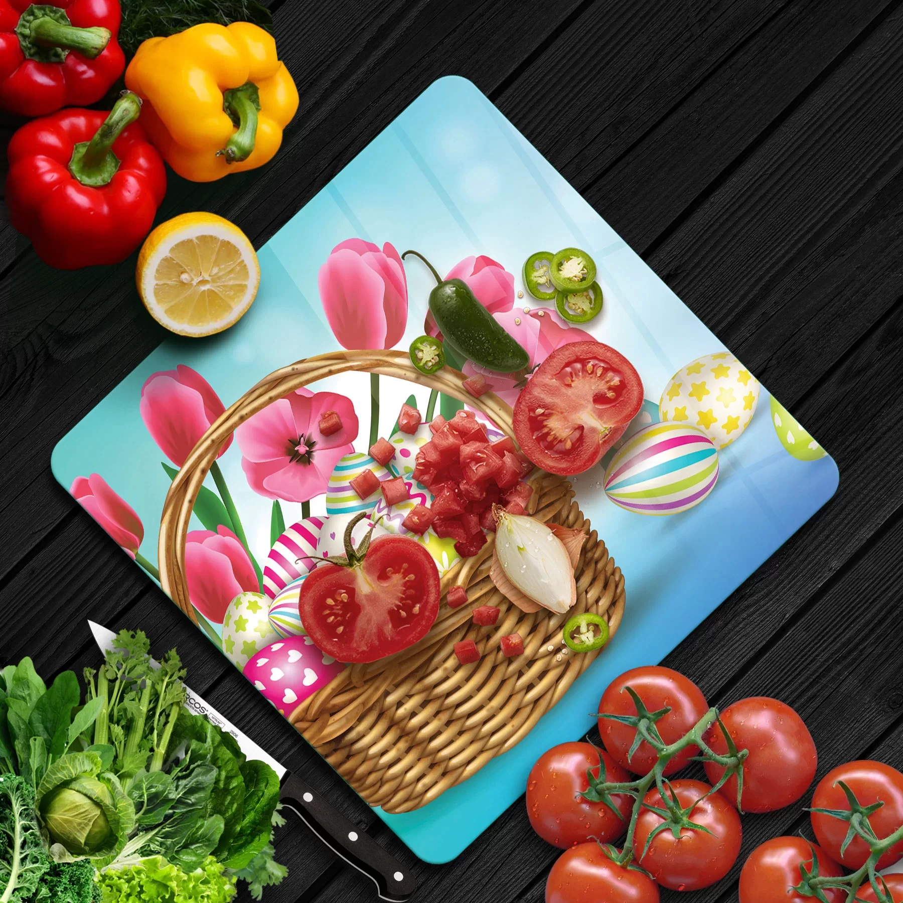 Picture of Decovetro Cam Kesme Tahtası ve Sunumluk Kare Paskalya Sepeti Desenli 30x30 Cm