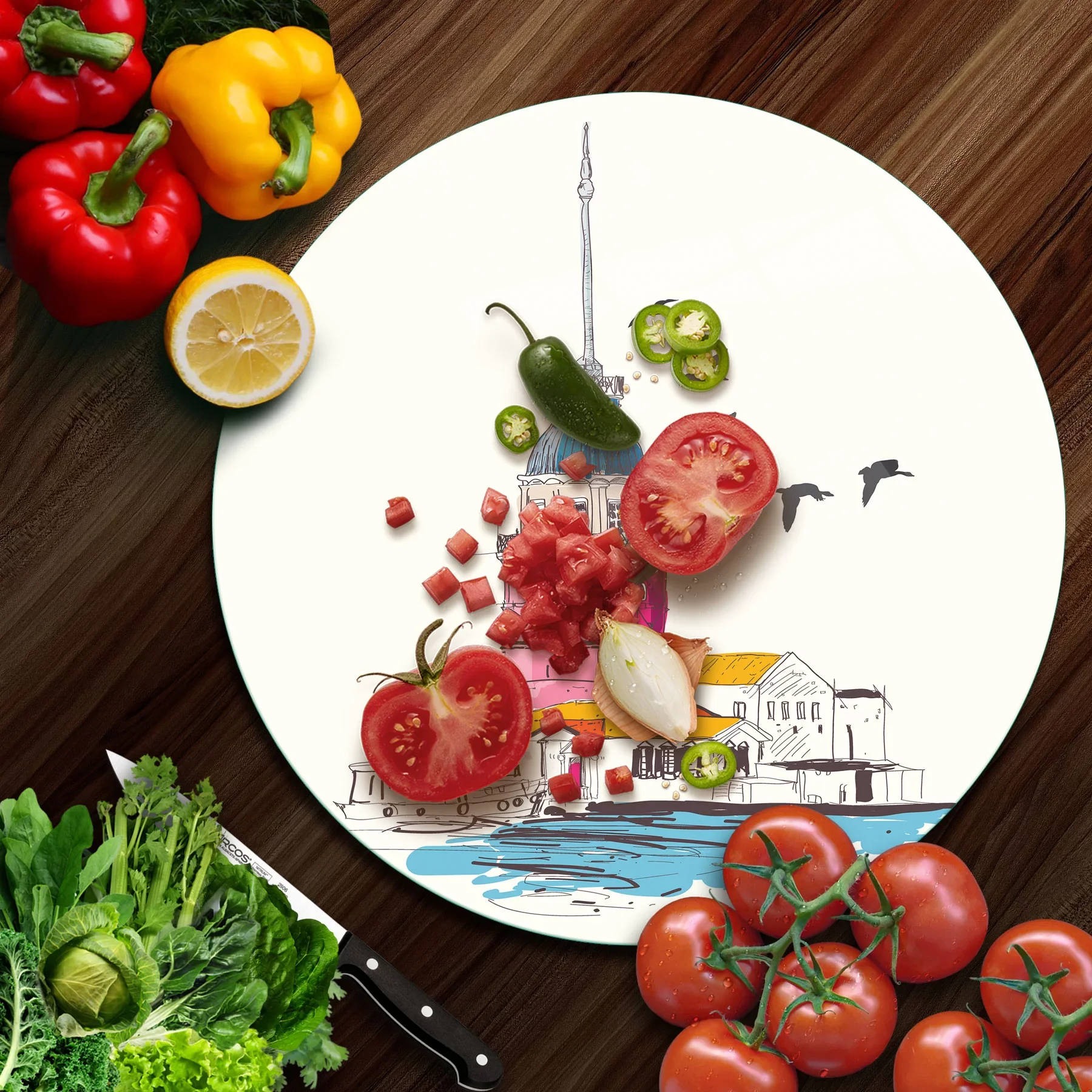 Picture of Decovetro Cam Kesme Tahtası ve Sunumluk Yuvarlak Kız Kulesi Desenli 30x30 Cm