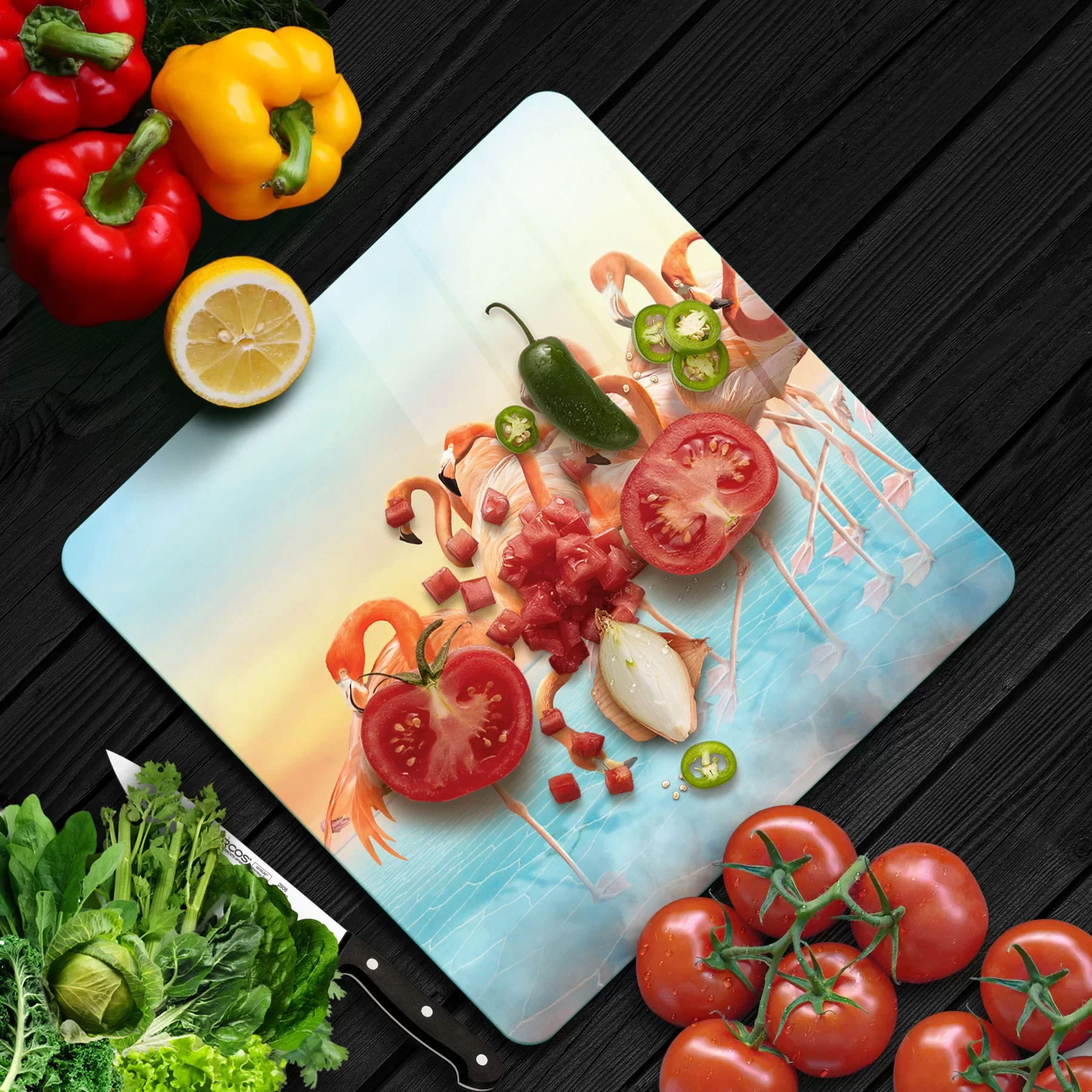 Picture of Decovetro Cam Kesme Tahtası ve Sunumluk Kare Flamingo Desenli 30x30 Cm