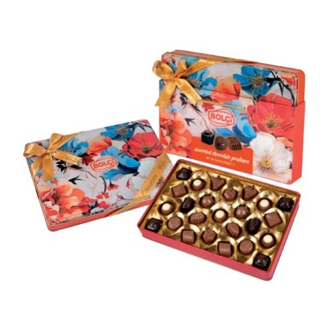 Picture of ASSORTED CHOCOLATE PRALINES ORANGE FLORAL TIN BOX 250g