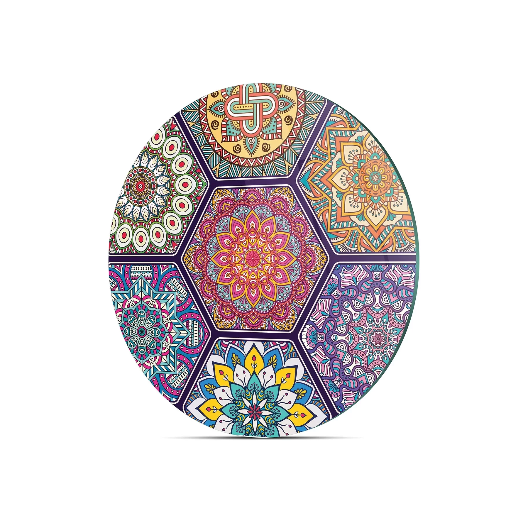 Picture of Decovetro Cam Kesme Tahtası ve Sunumluk Yuvarlak Altıgen Mandala Desenli 30x30 Cm