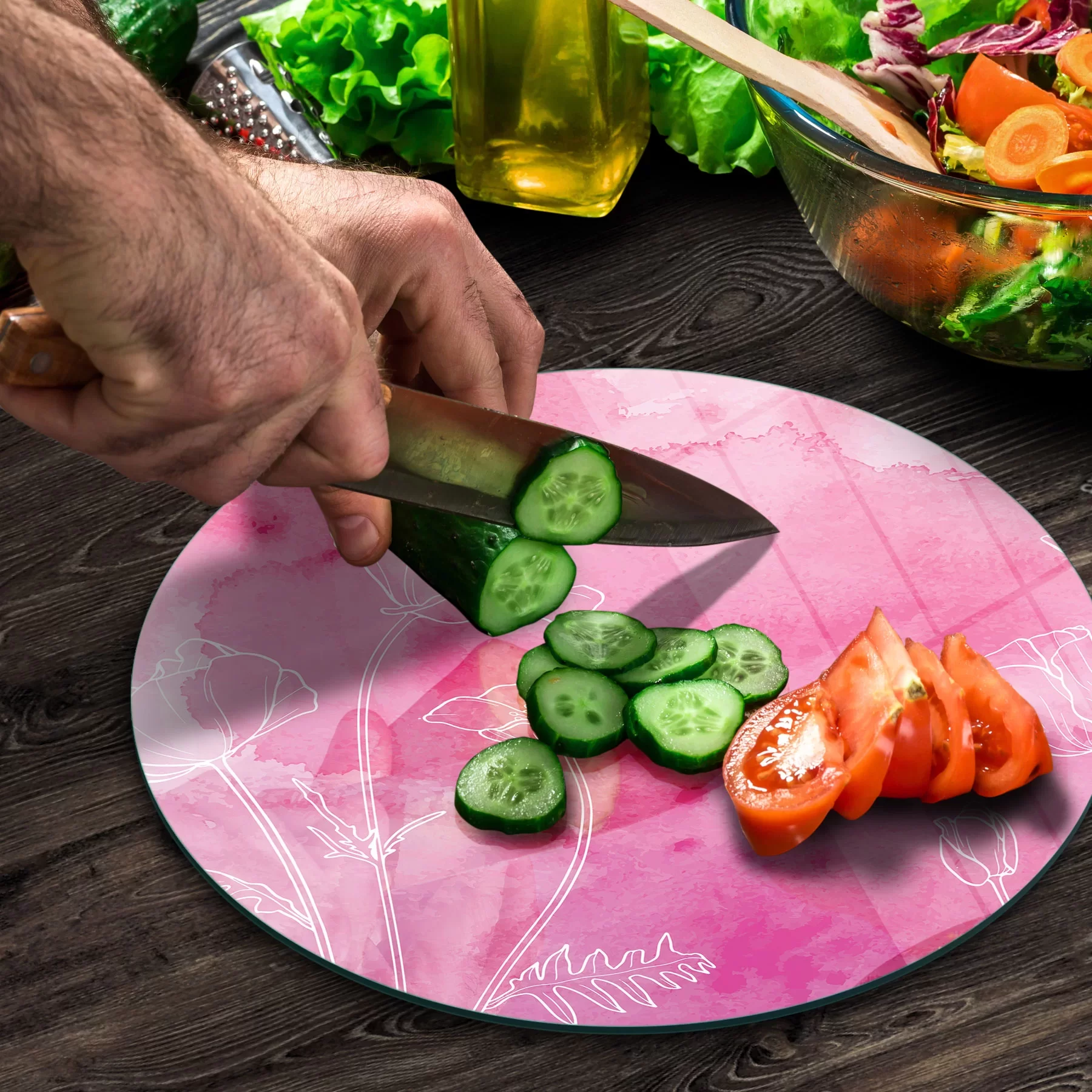 Picture of Decovetro Cam Kesme Tahtası ve Sunumluk Yuvarlak Pembe Çiçek Desenli 30x30 Cm