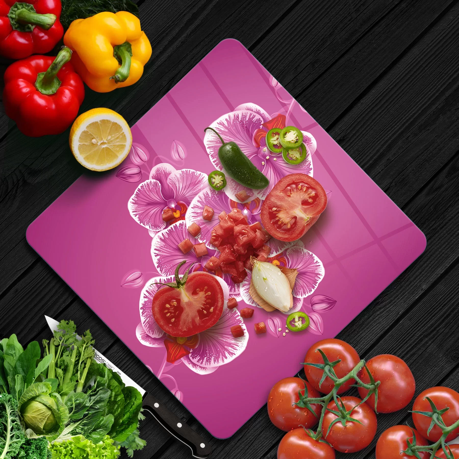 Picture of Decovetro Cam Kesme Tahtası ve Sunumluk Kare Vintage Orkide Desenli 30x30 Cm