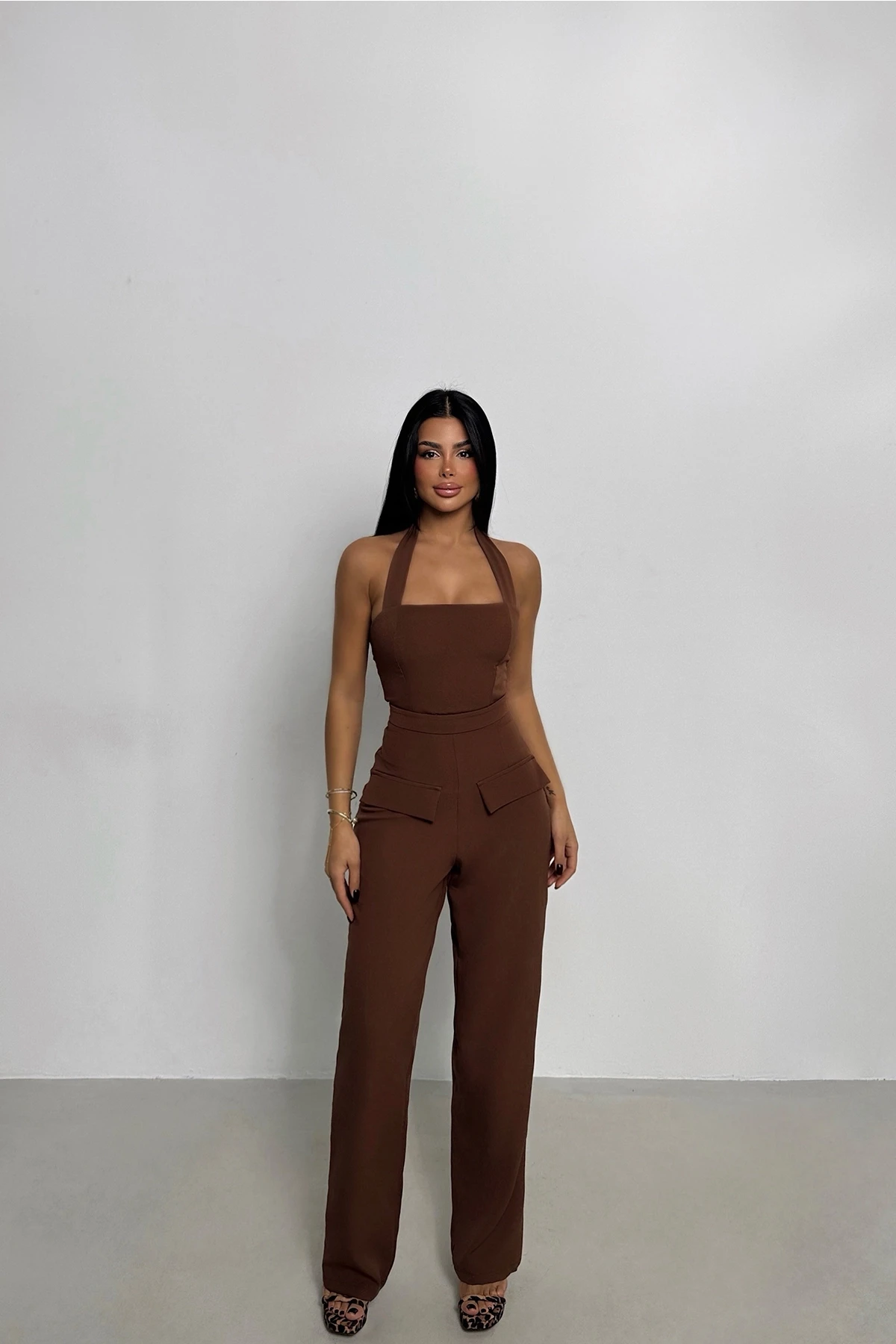 Picture of Brown Pocket Detail Trousers Suit