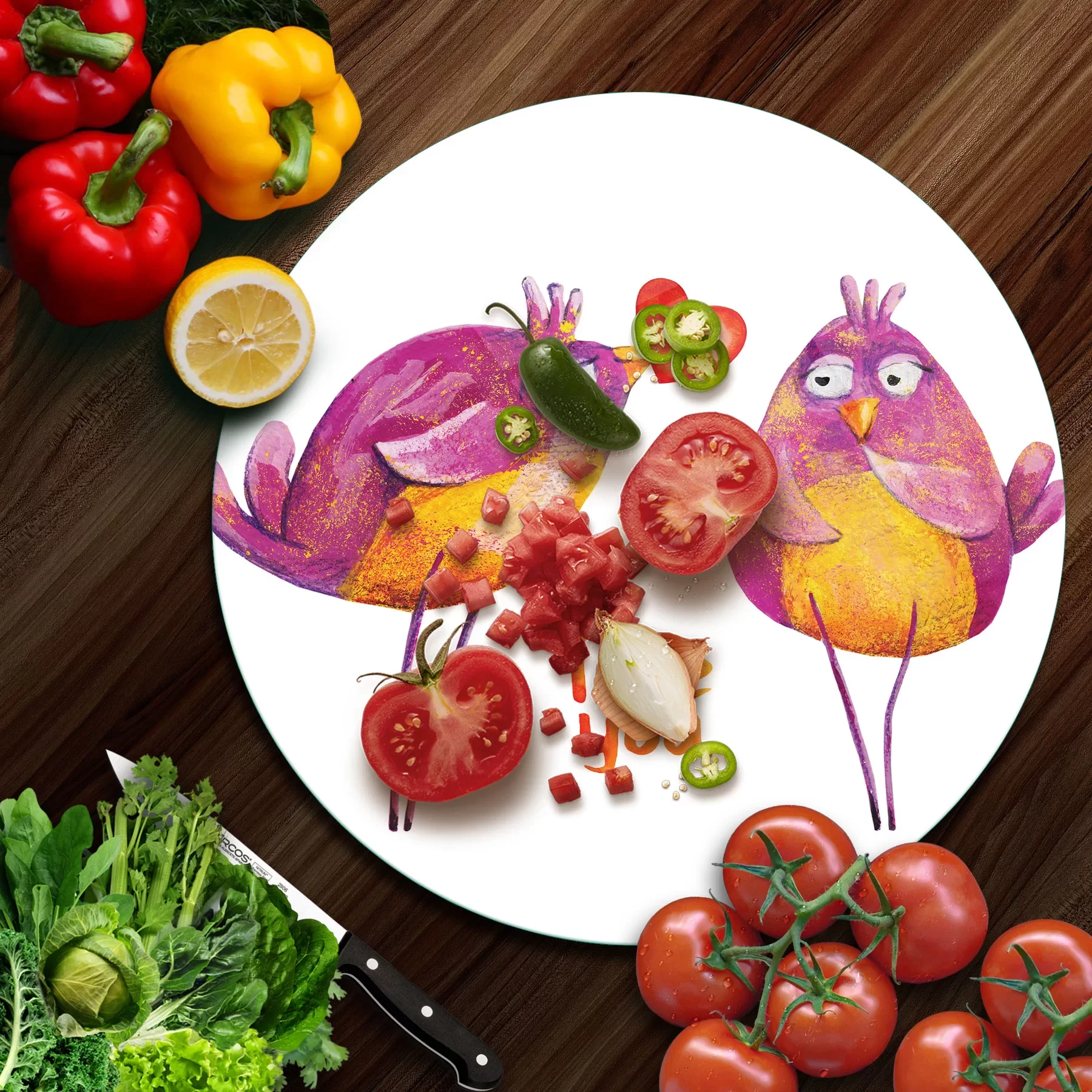 Picture of Decovetro Cam Kesme Tahtası ve Sunumluk Yuvarlak Love Birds Desenli 30x30 Cm