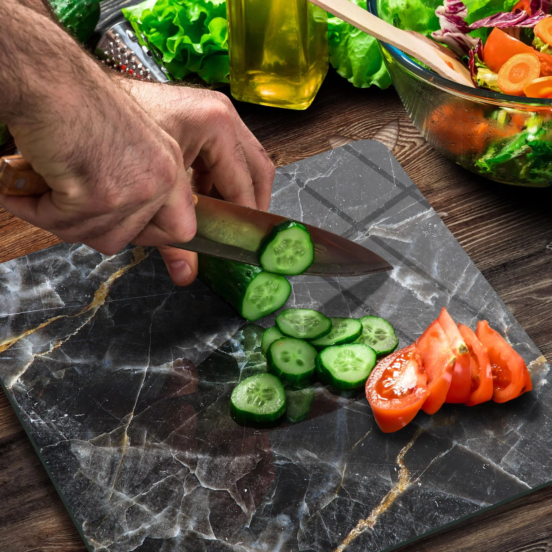 Picture of Decovetro Cam Kesme Tahtası ve Sunumluk Kare Siyah Mermer Desenli 30x30 Cm