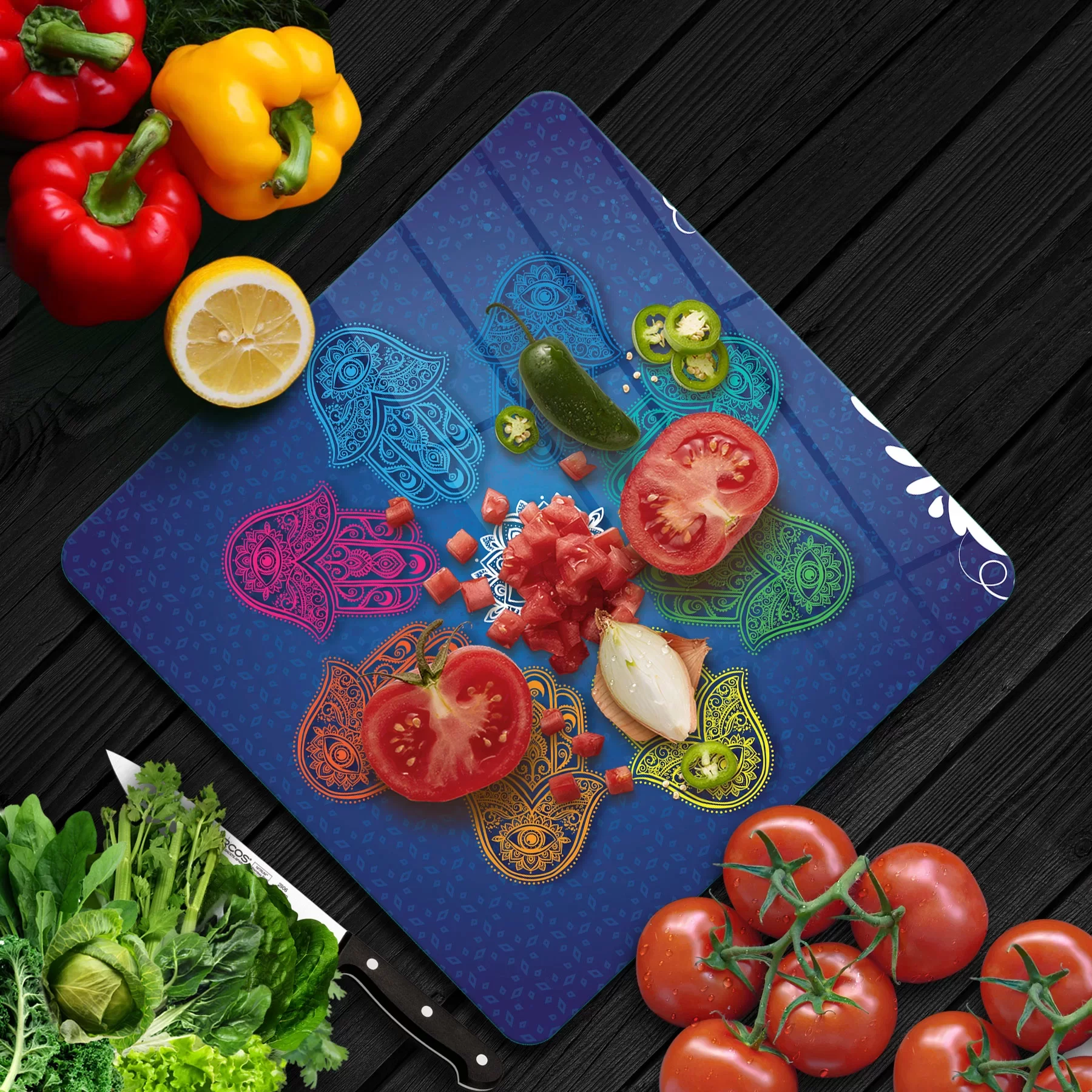 Picture of Decovetro Cam Kesme Tahtası ve Sunumluk Kare Fatma Ana El Desenli 30x30 Cm