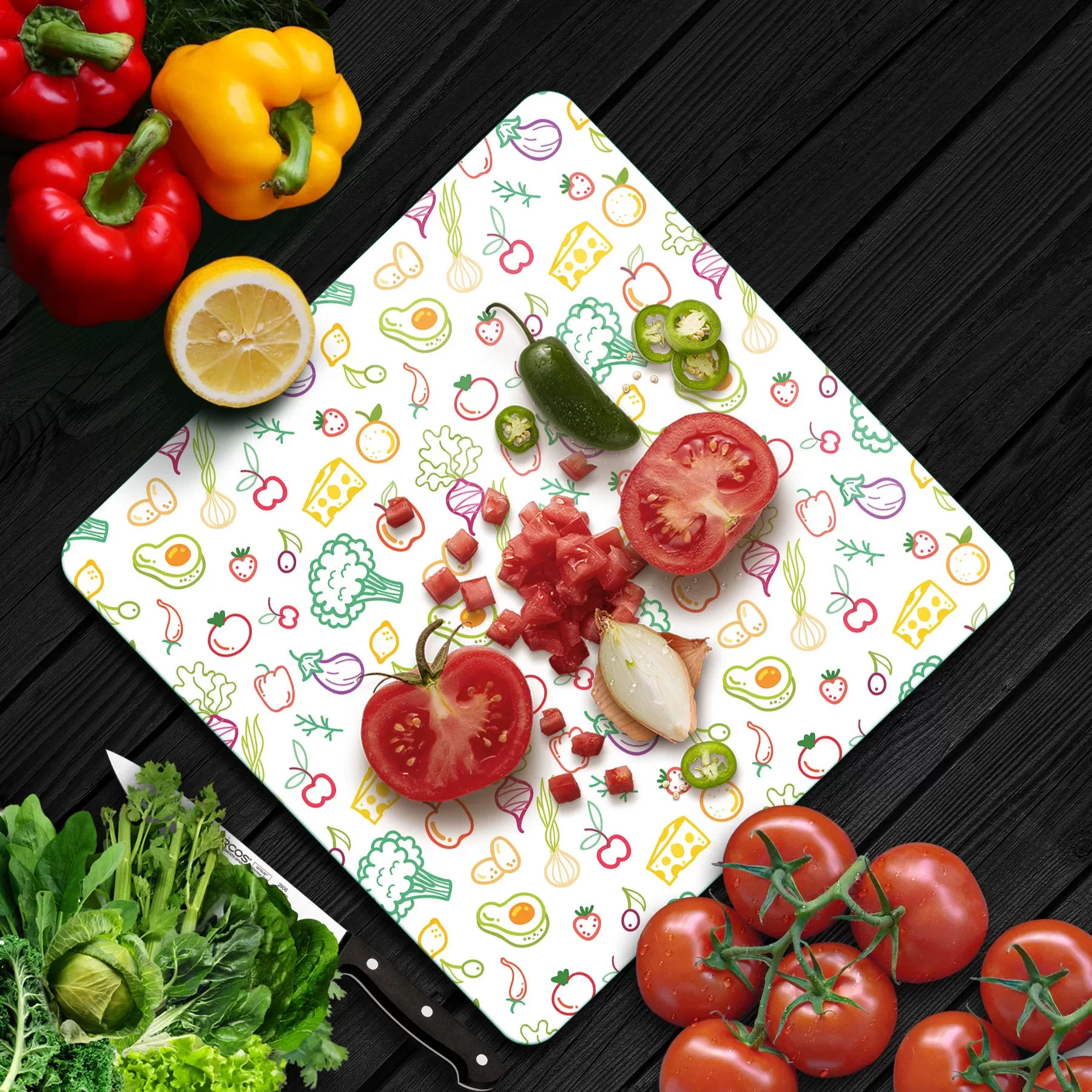 Picture of Decovetro Cam Kesme Tahtası ve Sunumluk Kare Karışık Meyve Sebze Desenli 30x30 Cm