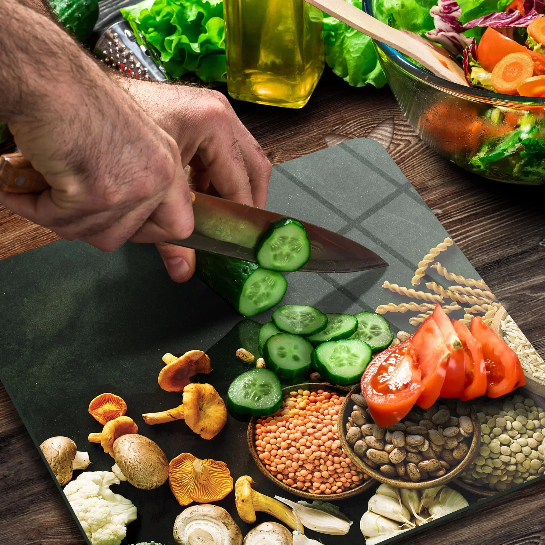 Picture of Decovetro Cam Kesme Tahtası ve Sunumluk Kare Sebzeli Desenli 30x30 Cm