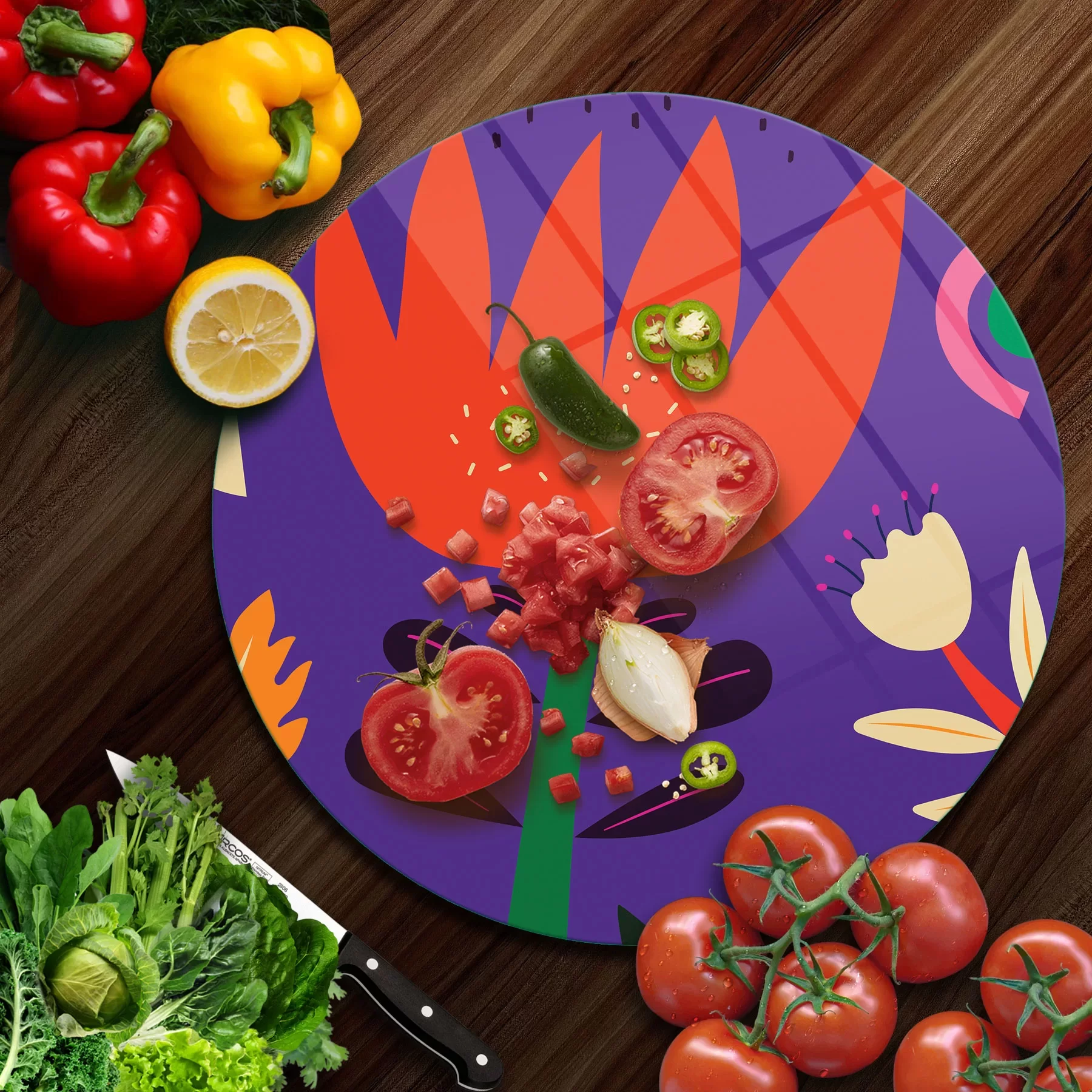 Picture of Decovetro Cam Kesme Tahtası ve Sunumluk Yuvarlak Mor Lale Desenli 30x30 Cm