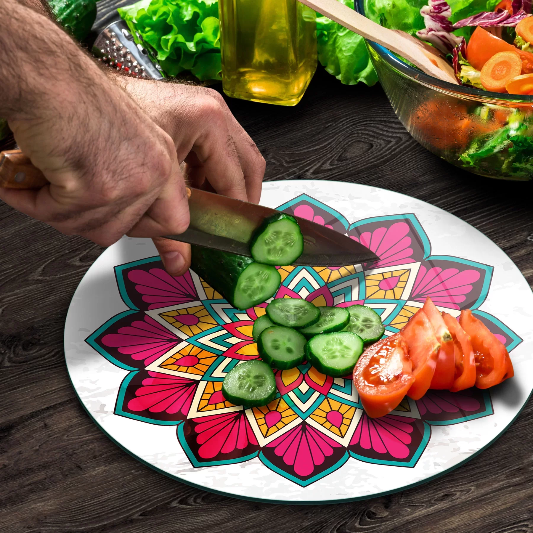 Picture of Decovetro Cam Kesme Tahtası ve Sunumluk Yuvarlak Mandala Desenli 30x30 Cm