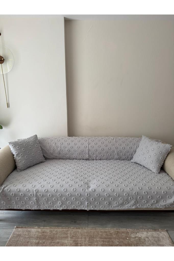 Picture of Konik Kırlent Kılıfı Hediyeli 170x210 cm Pamuklu Koltuk Örtüsü Gri