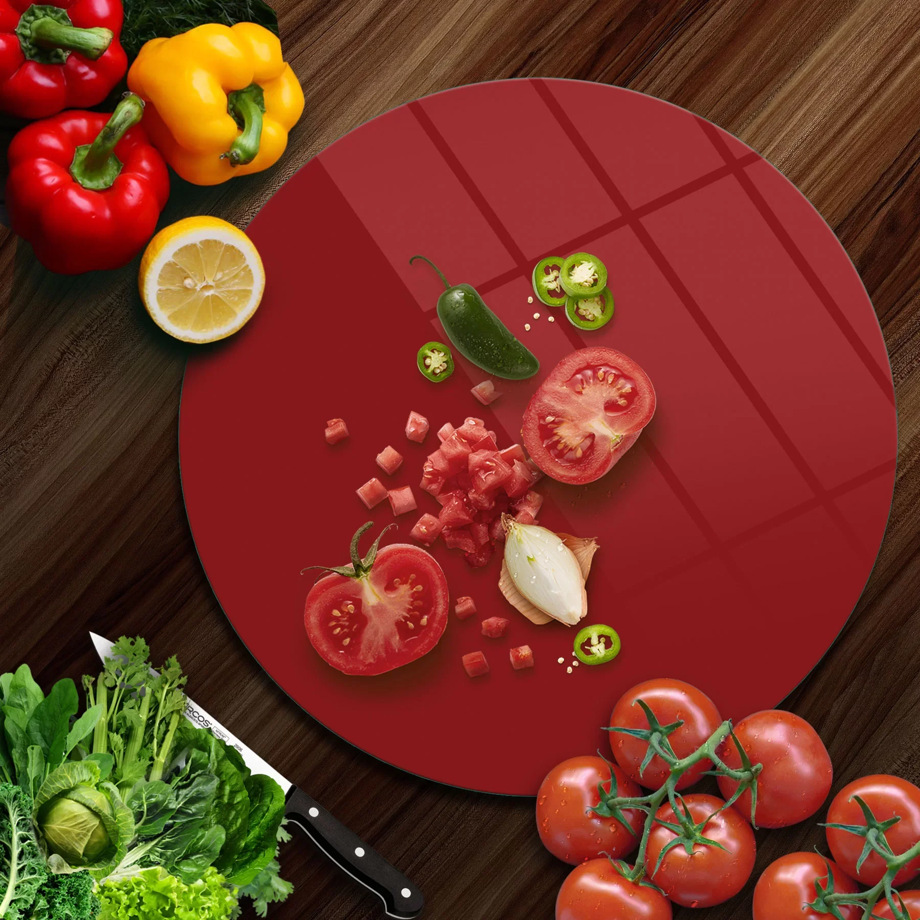 Picture of Decovetro Cam Kesme Tahtası ve Sunumluk Yuvarlak Bordo Rengi 30x30 Cm