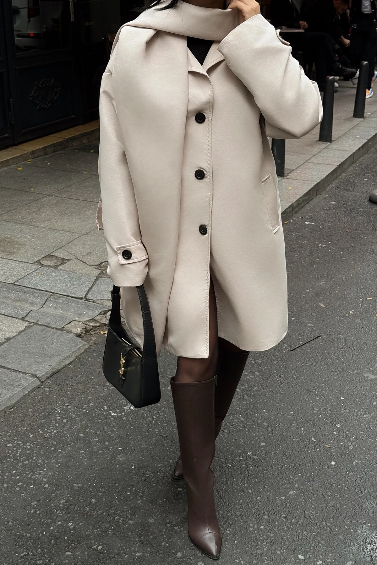 Picture of Cream Front Buttoned Belt Detail Trench Coat