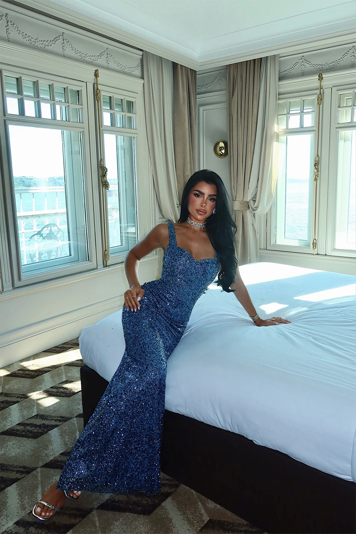 Picture of Blue Strapless Sequin Detail Dress