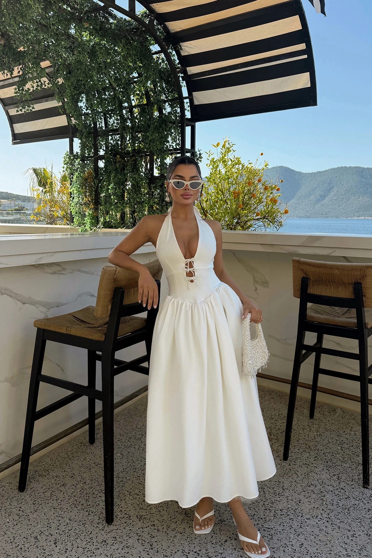 Picture of White Ballerina Pearl Bow Detail Dress