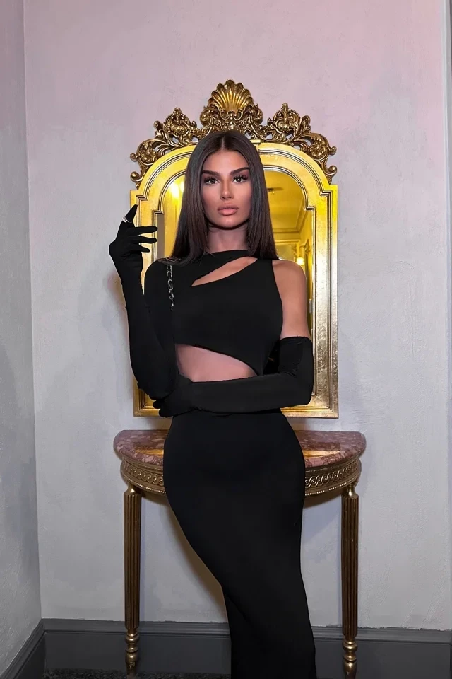 Picture of Black Window Detail Gloved Dress