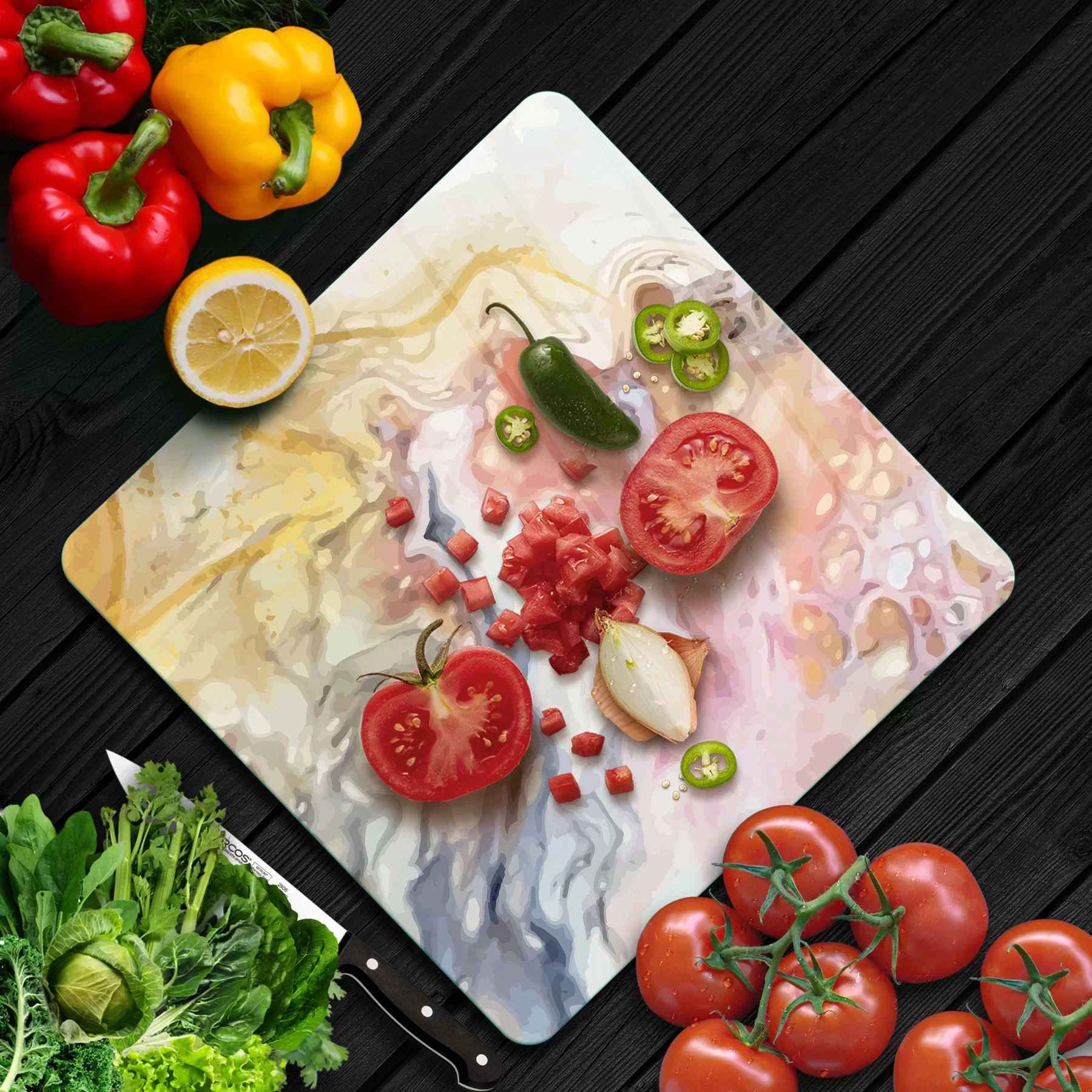 Picture of Decovetro Cam Kesme Tahtası ve Sunumluk Kare Karışık Dalgalı Mermer Desenli 30x30 Cm