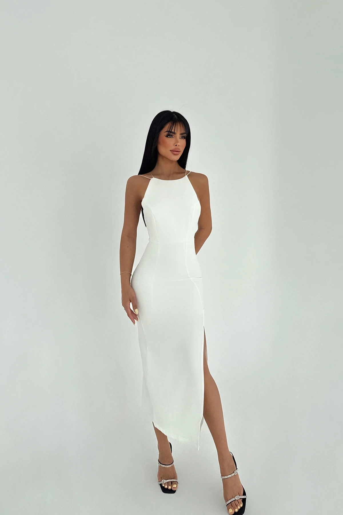 Picture of White Rope Strap Back Detail Mini Dress