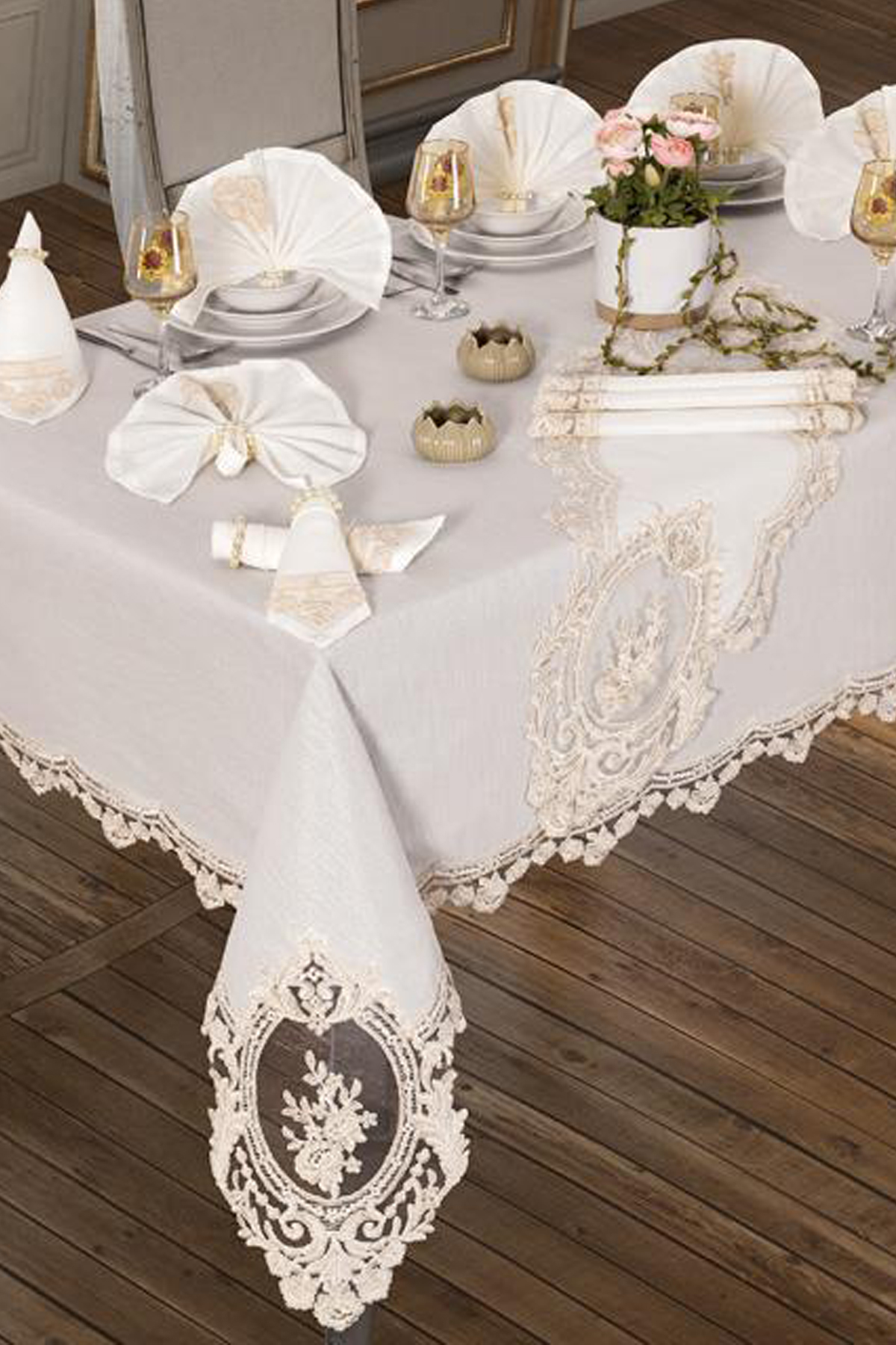 Picture of Kösem Masa Örtüsü 160x260 Cm 26 Parça Krem