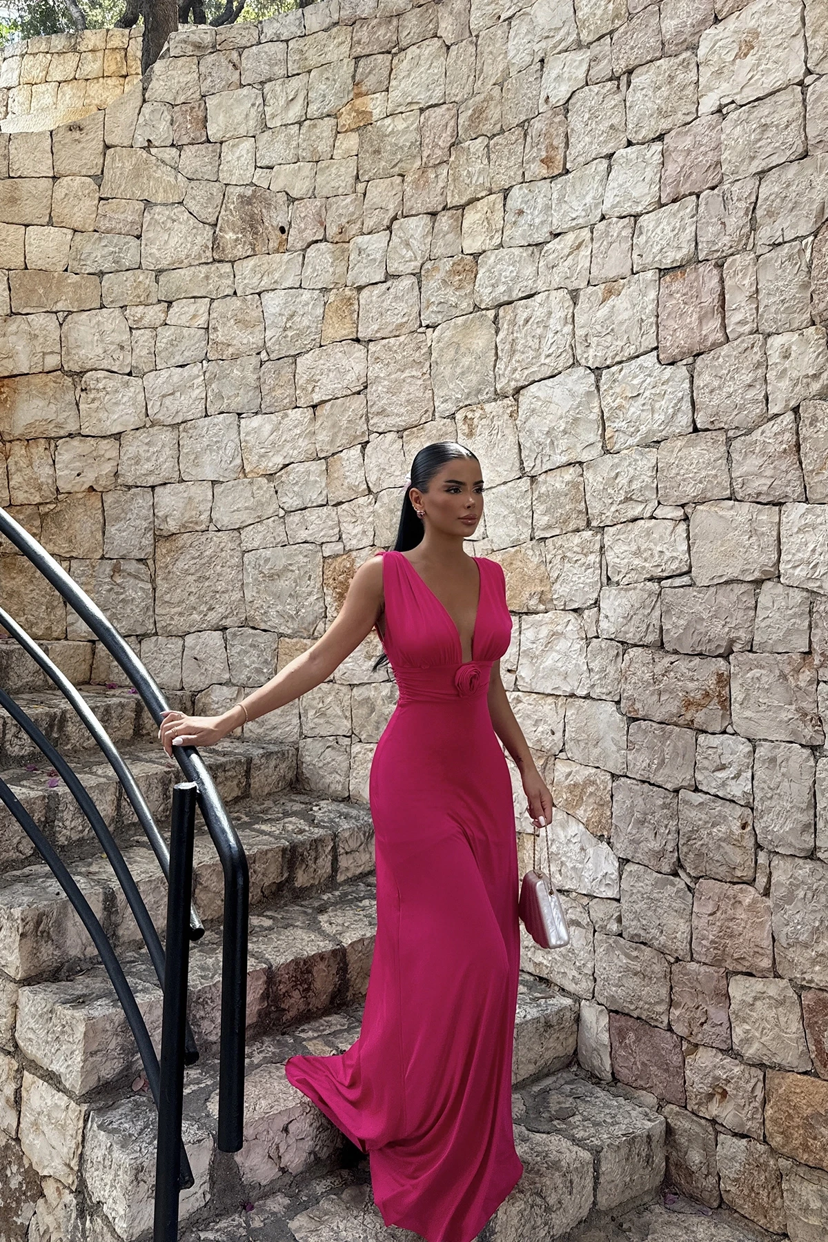 Picture of Fuchsia Isolated Rose Detailed Dress