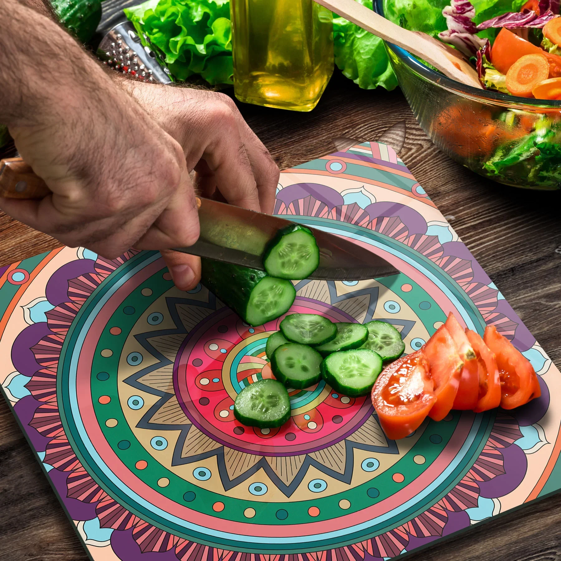 Picture of Decovetro Cam Kesme Tahtası ve Sunumluk Kare Mandala 5 Desenli 30x30 Cm